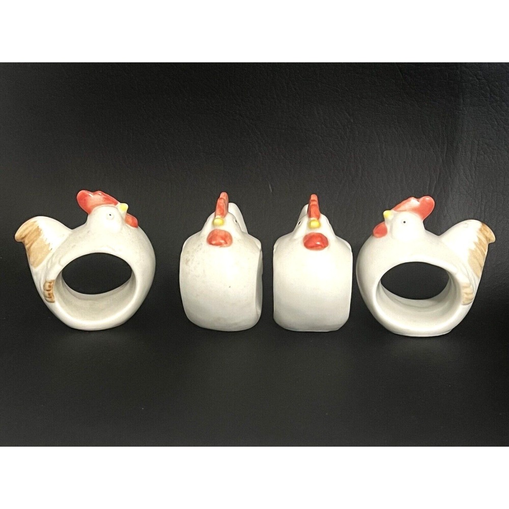 Vintage Chicken Hen Napkin Rings ~ Set of 4 ~ Stoneware ~ Handpainted‎